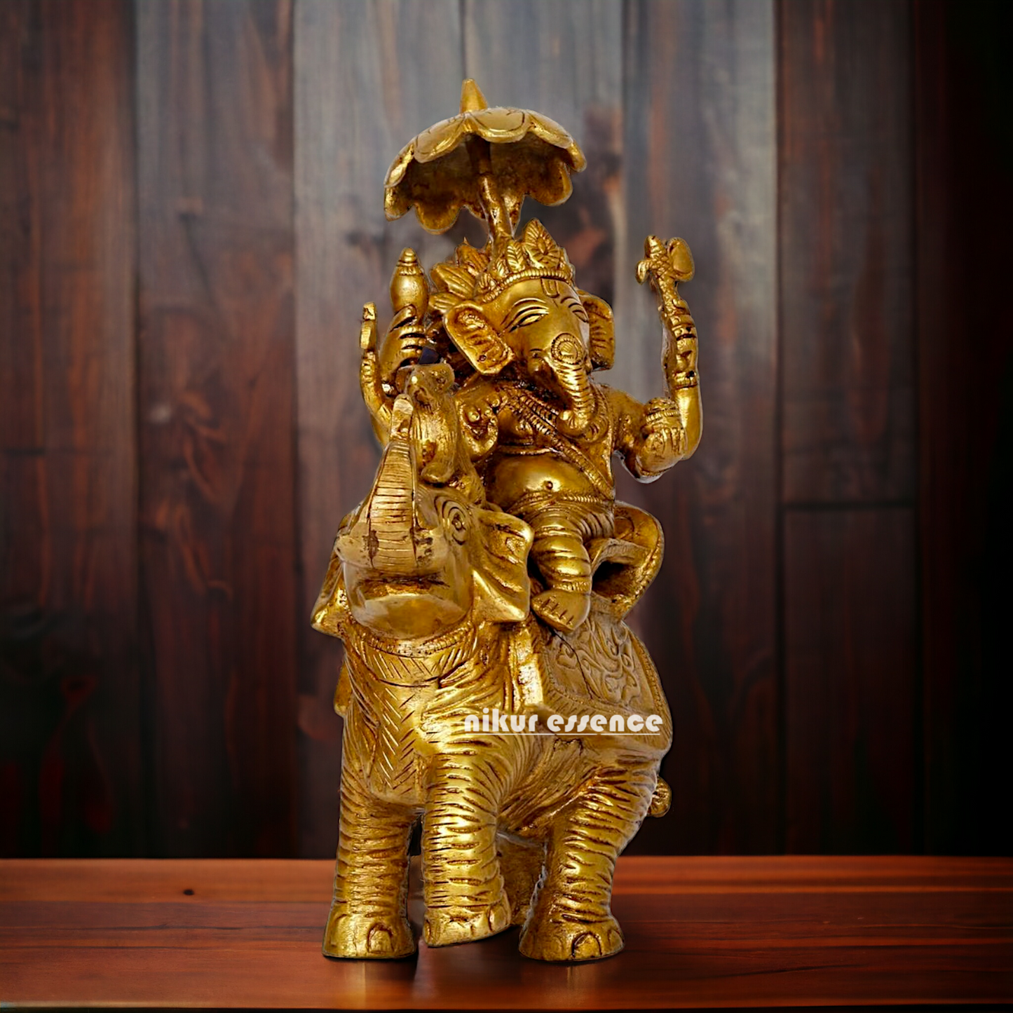 Pure Brass Ganesha Seated on Elephant with rat statue - 9 Inches Nikuressence