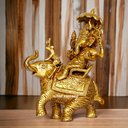 Pure Brass Ganesha Seated on Elephant with rat statue - 9 Inches Nikuressence