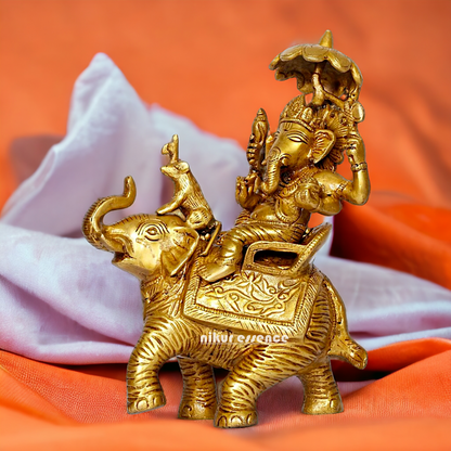 Pure Brass Ganesha Seated on Elephant with rat statue - 9 Inches Nikuressence