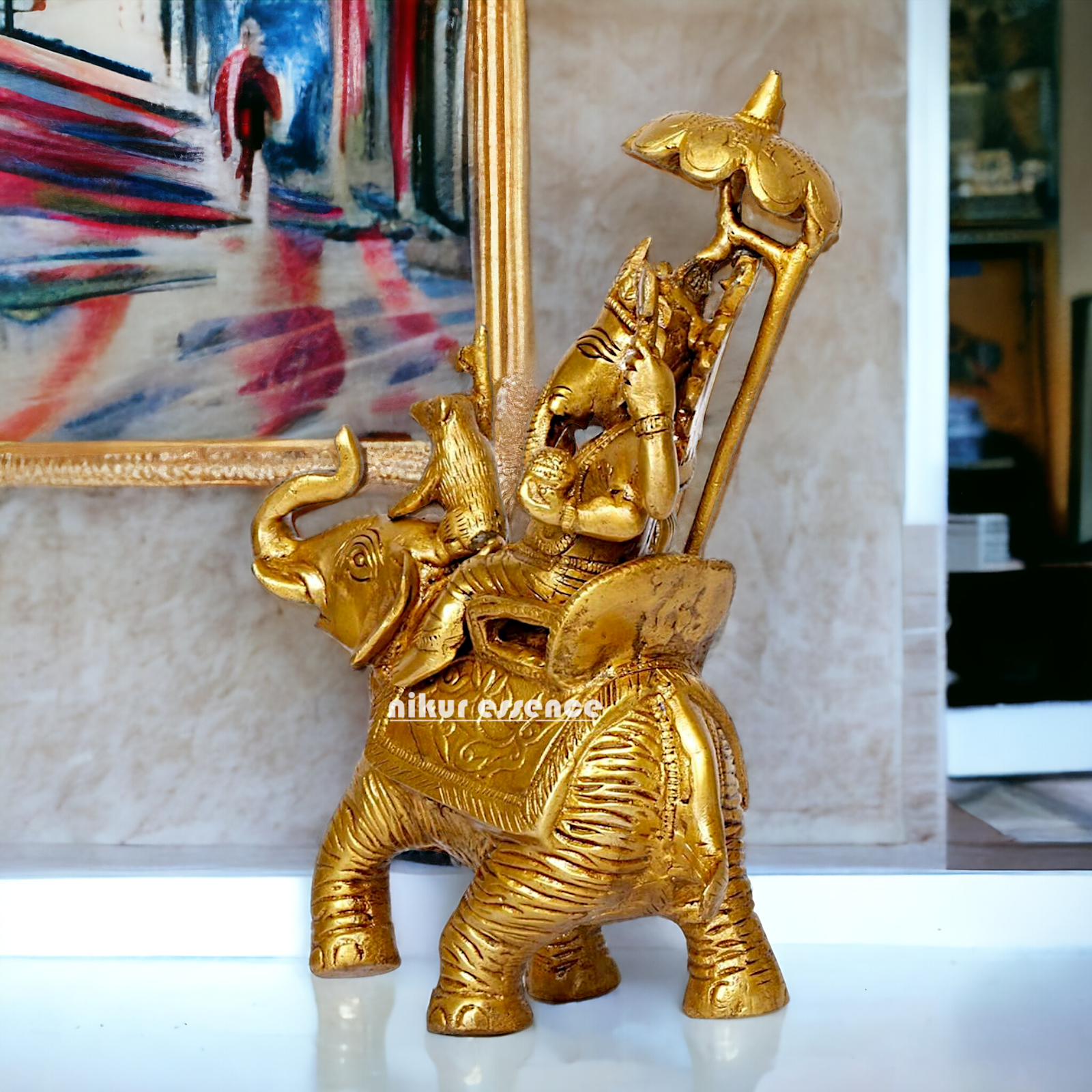 Pure Brass Ganesha Seated on Elephant with rat statue - 9 Inches Nikuressence