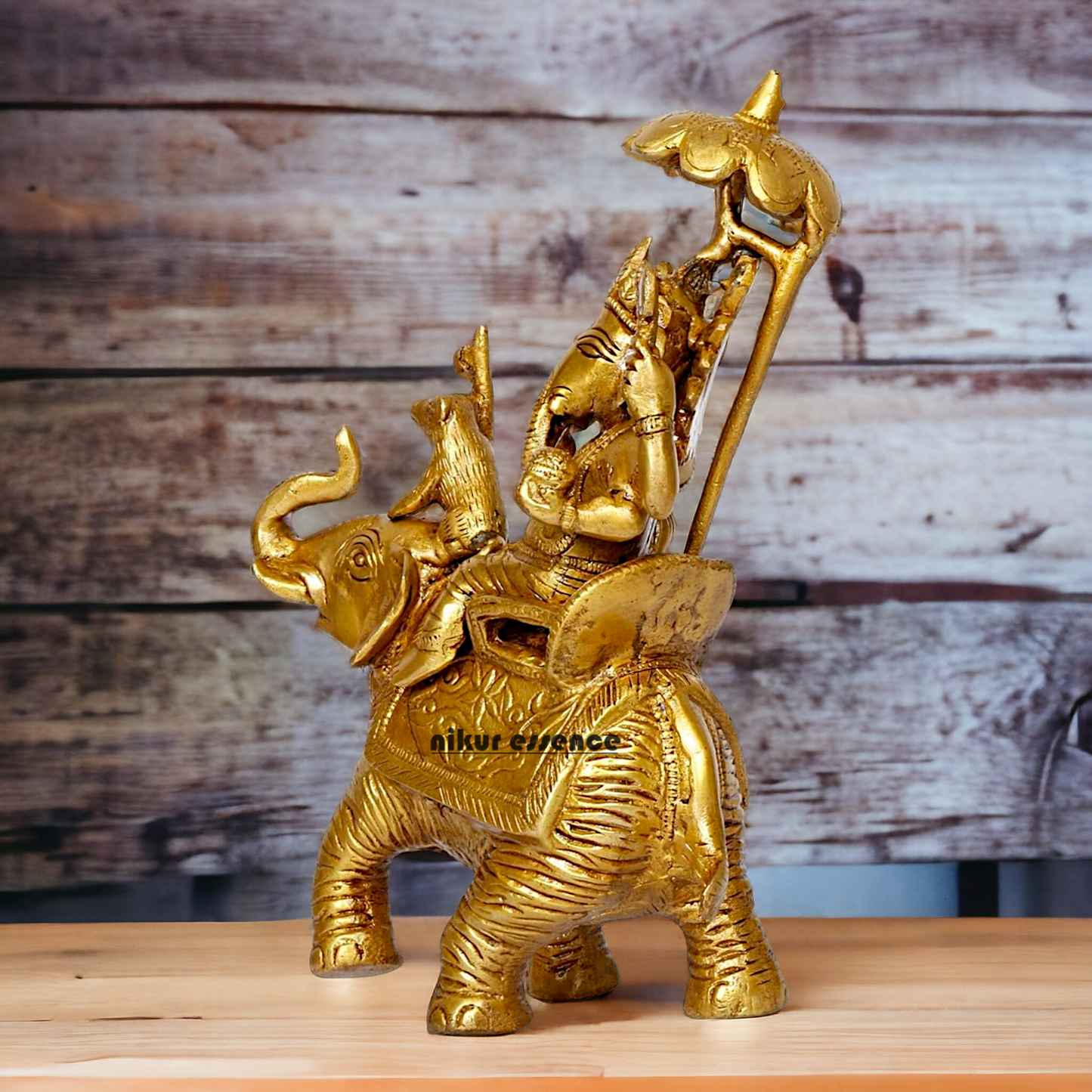 Pure Brass Ganesha Seated on Elephant with rat statue - 9 Inches Nikuressence