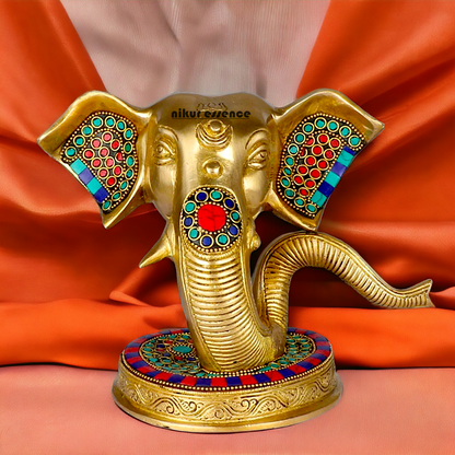 Brass Ganesha Face Head with Stone Work idol - 8 Inches Nikuressence
