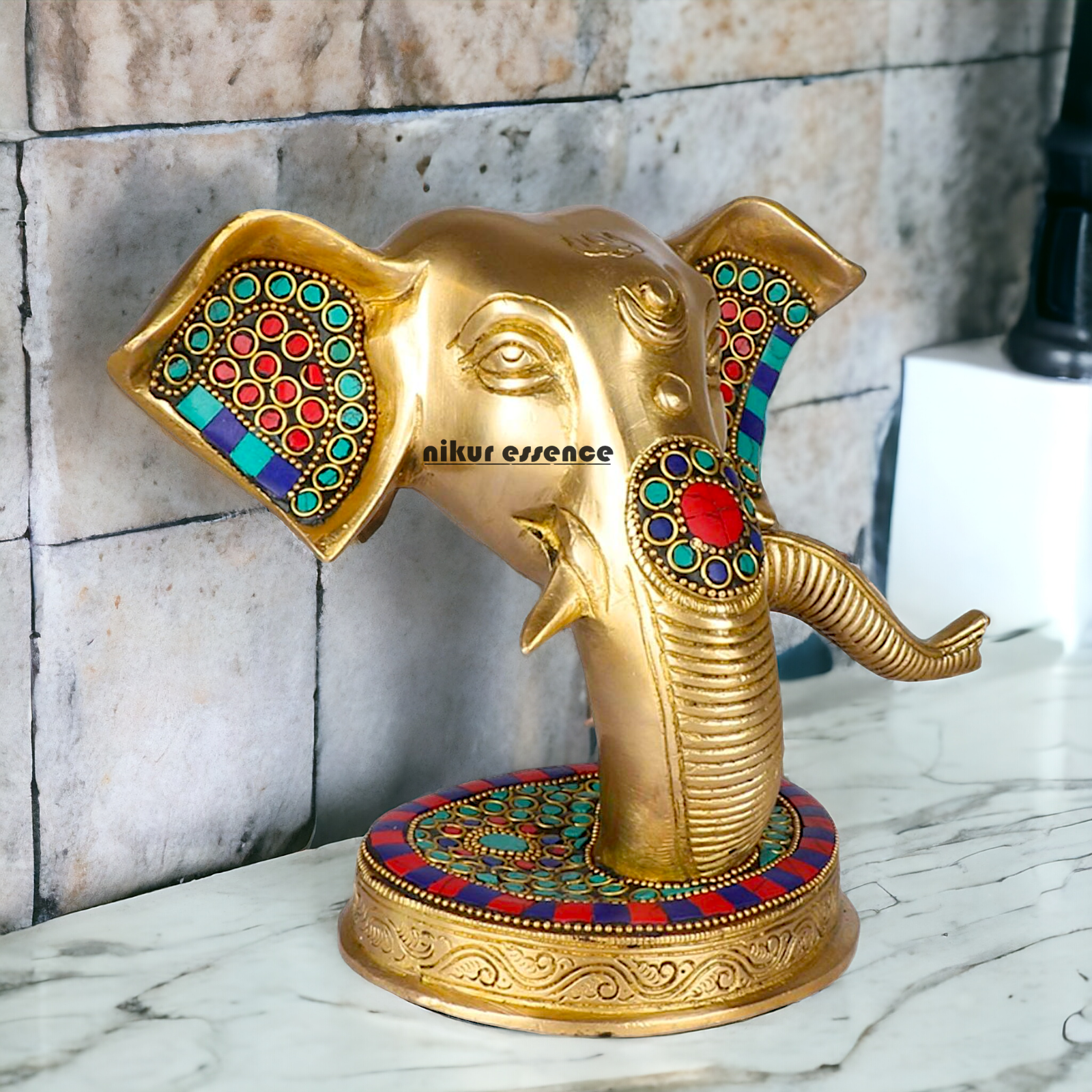 Brass Ganesha Face Head with Stone Work idol - 8 Inches Nikuressence