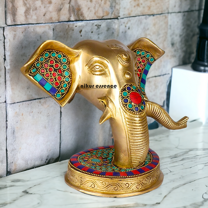 Brass Ganesha Face Head with Stone Work idol - 8 Inches Nikuressence