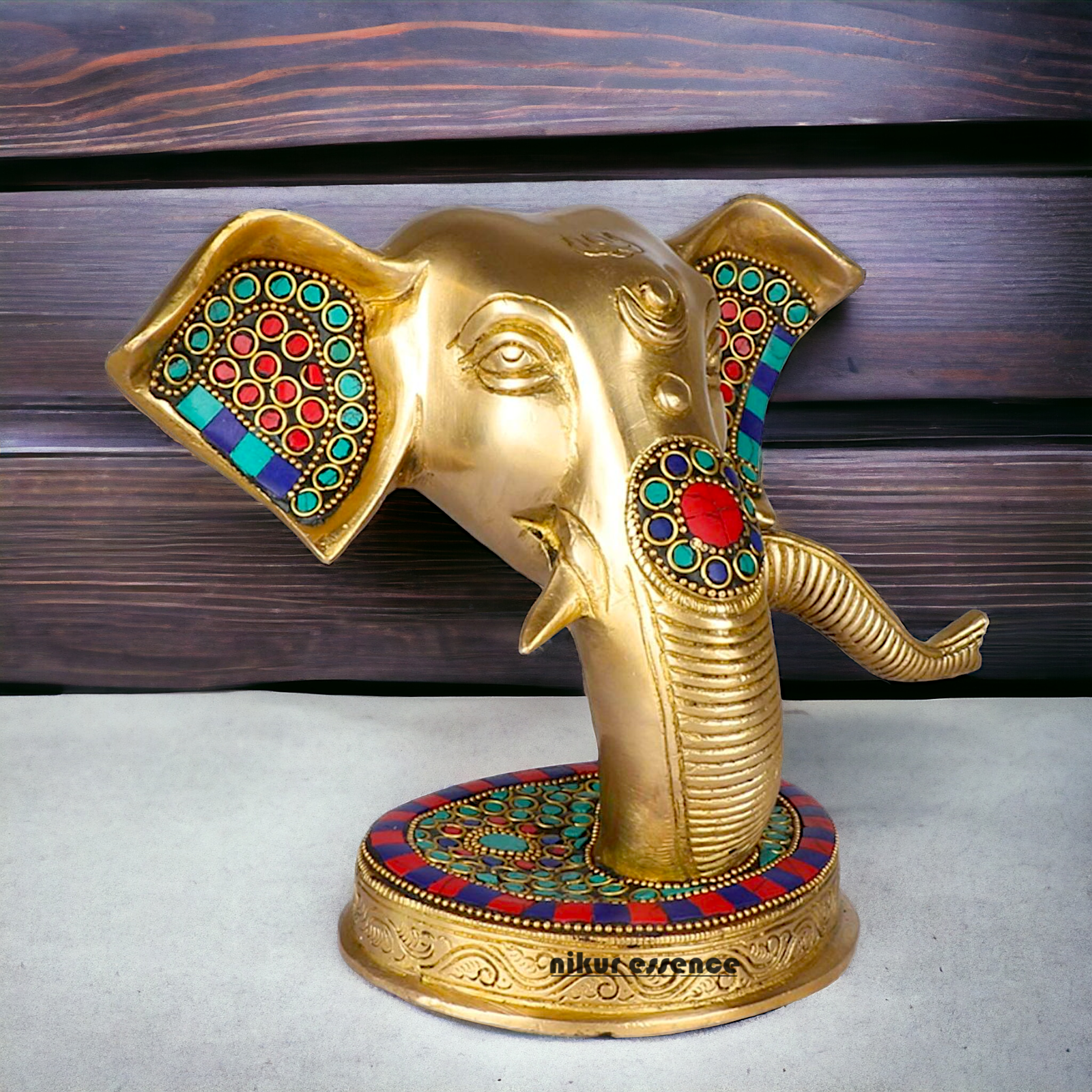 Brass Ganesha Face Head with Stone Work idol - 8 Inches Nikuressence