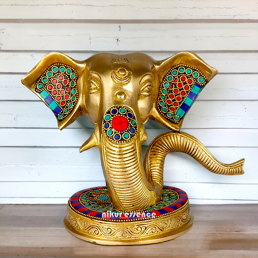 Brass Ganesha Face Head with Stone Work idol - 8 Inches Nikuressence