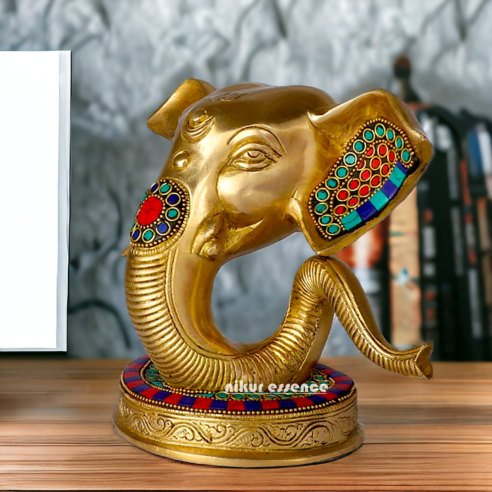 Brass Ganesha Face Head with Stone Work idol - 8 Inches Nikuressence