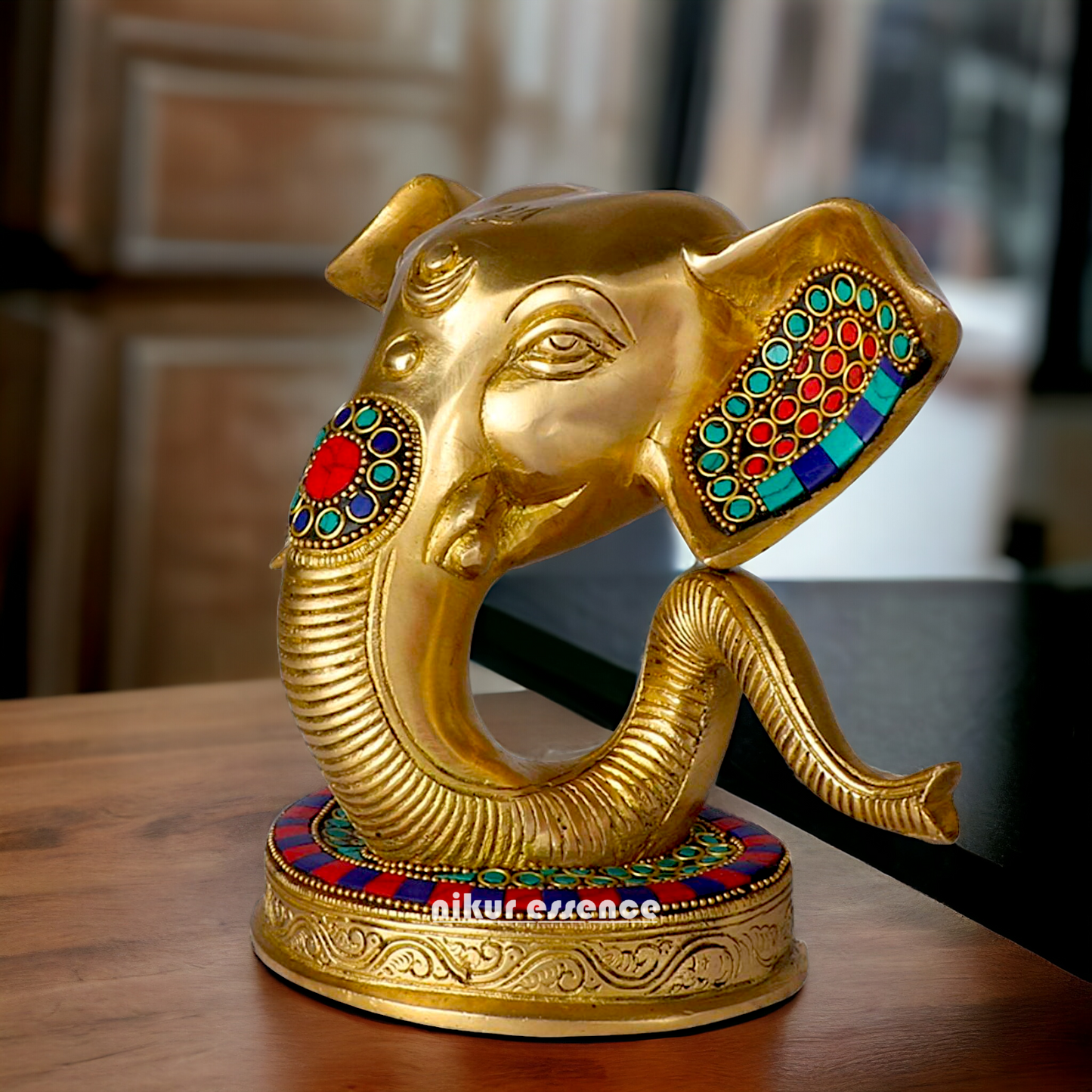 Brass Ganesha Face Head with Stone Work idol - 8 Inches Nikuressence