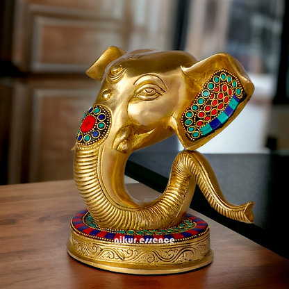 Brass Ganesha Face Head with Stone Work idol - 8 Inches Nikuressence
