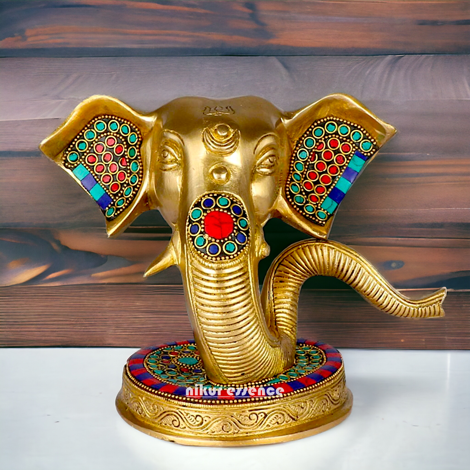 Brass Ganesha Face Head with Stone Work idol - 8 Inches Nikuressence