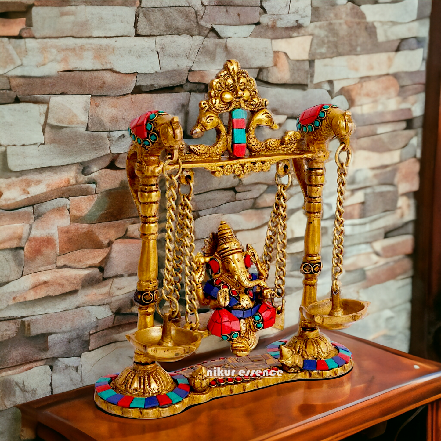 Lord Vinayaka Ganpati swinging Jhula Brass with Stone Work idol - 9 Inches Nikuressence