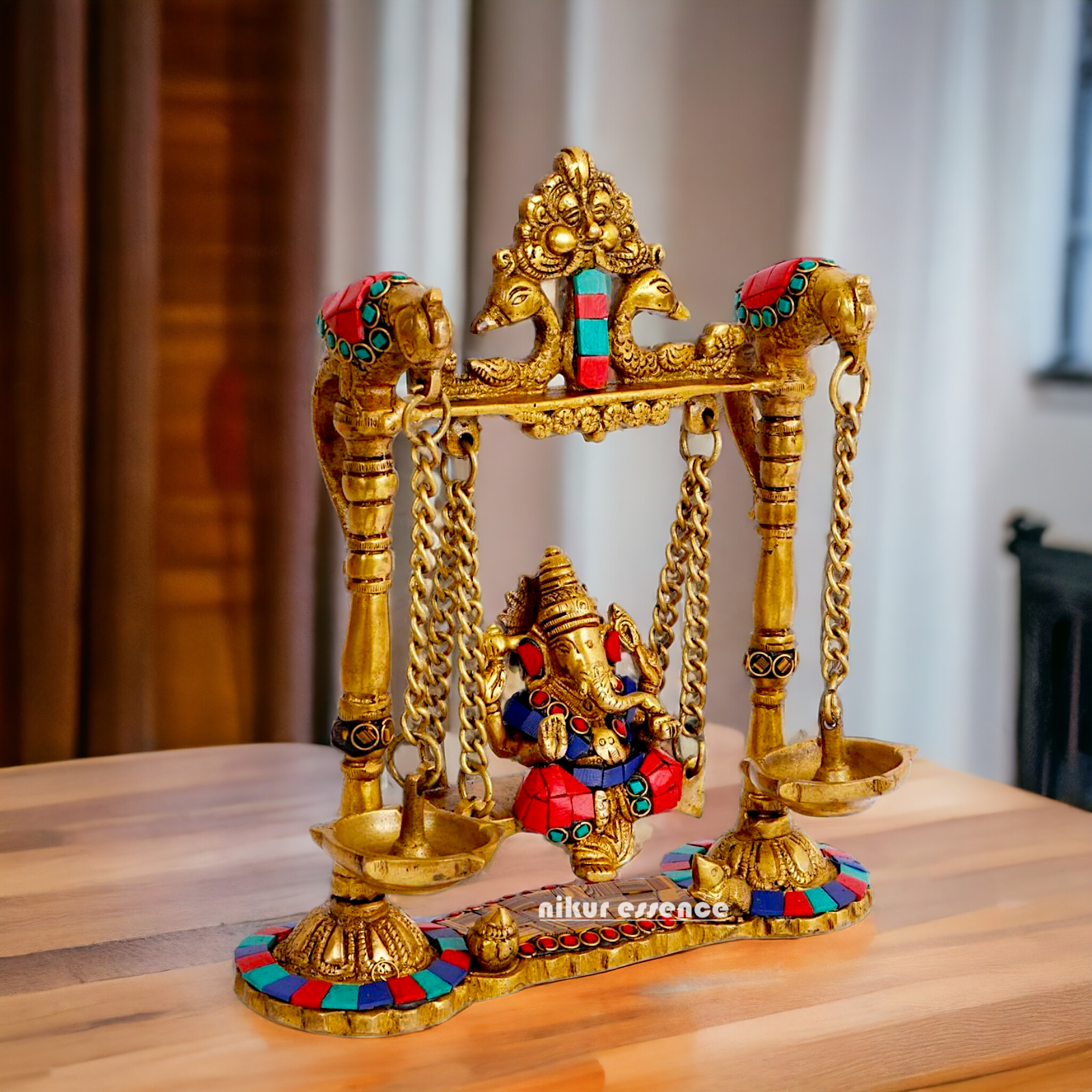 Lord Vinayaka Ganpati swinging Jhula Brass with Stone Work idol - 9 Inches Nikuressence