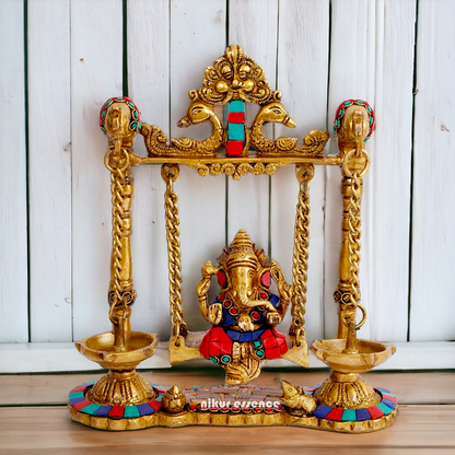 Lord Vinayaka Ganpati swinging Jhula Brass with Stone Work idol - 9 Inches Nikuressence