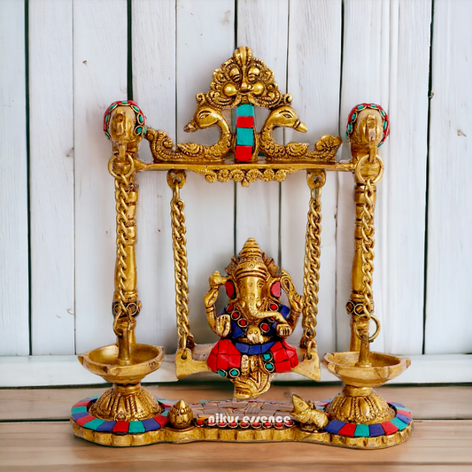 Lord Vinayaka Ganpati swinging Jhula Brass with Stone Work idol - 9 Inches Nikuressence