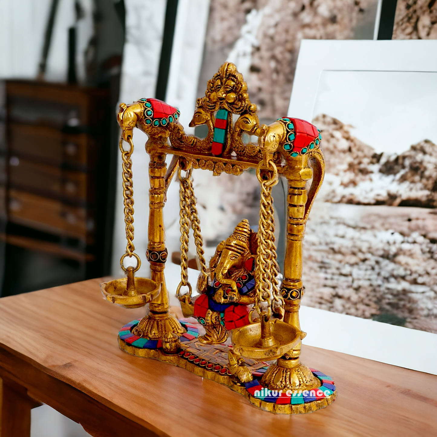 Lord Vinayaka Ganpati swinging Jhula Brass with Stone Work idol - 9 Inches Nikuressence