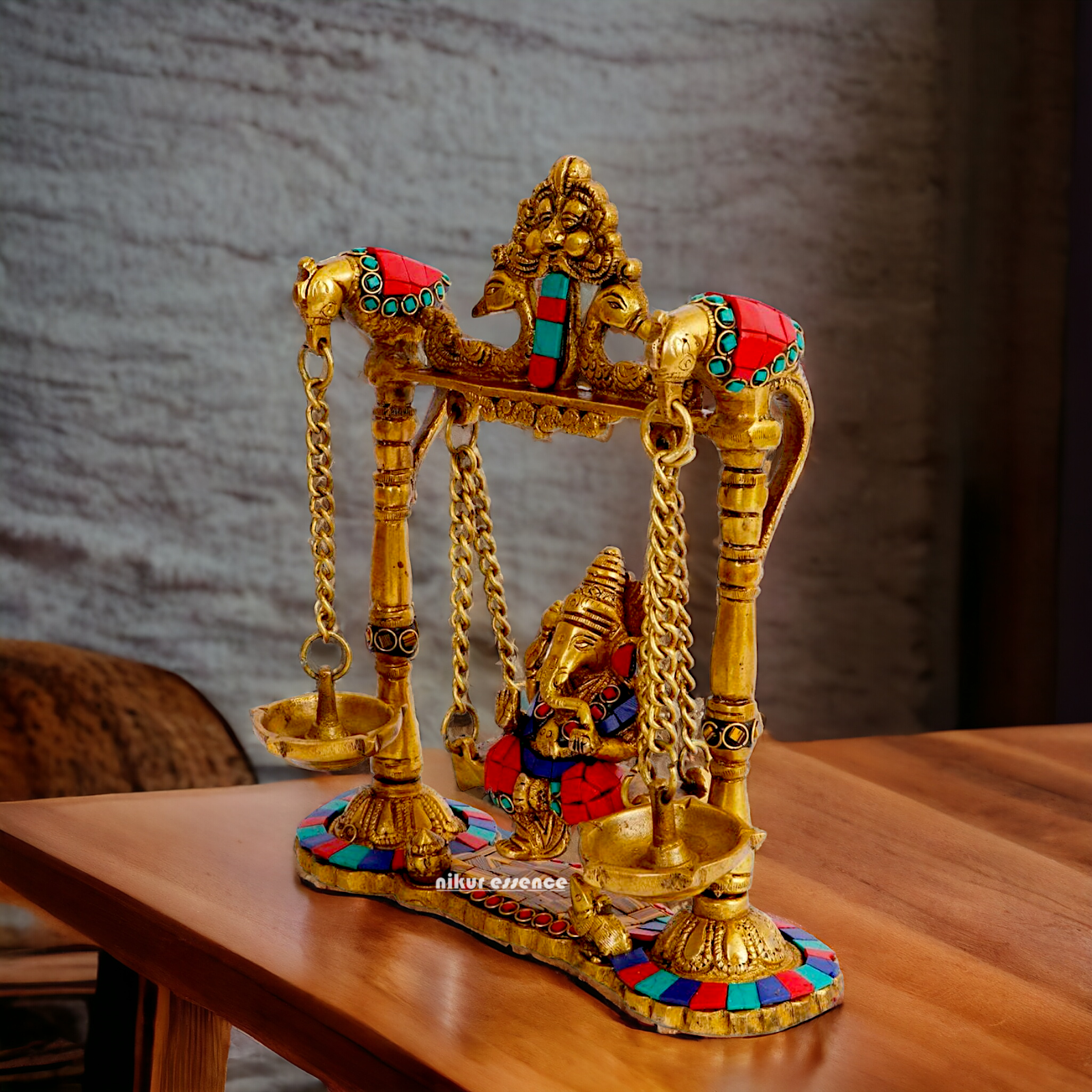 Lord Vinayaka Ganpati swinging Jhula Brass with Stone Work idol - 9 Inches Nikuressence