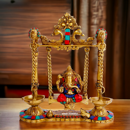 Lord Vinayaka Ganpati swinging Jhula Brass with Stone Work idol - 9 Inches Nikuressence