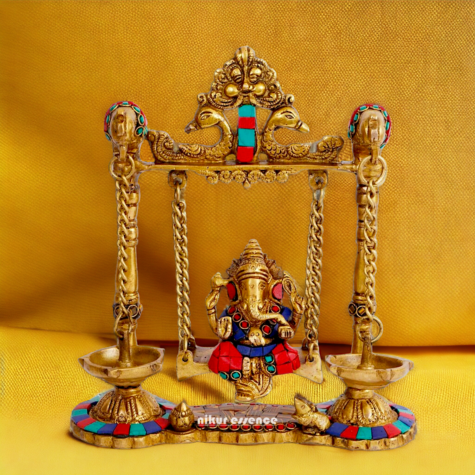 Lord Vinayaka Ganpati swinging Jhula Brass with Stone Work idol - 9 Inches Nikuressence