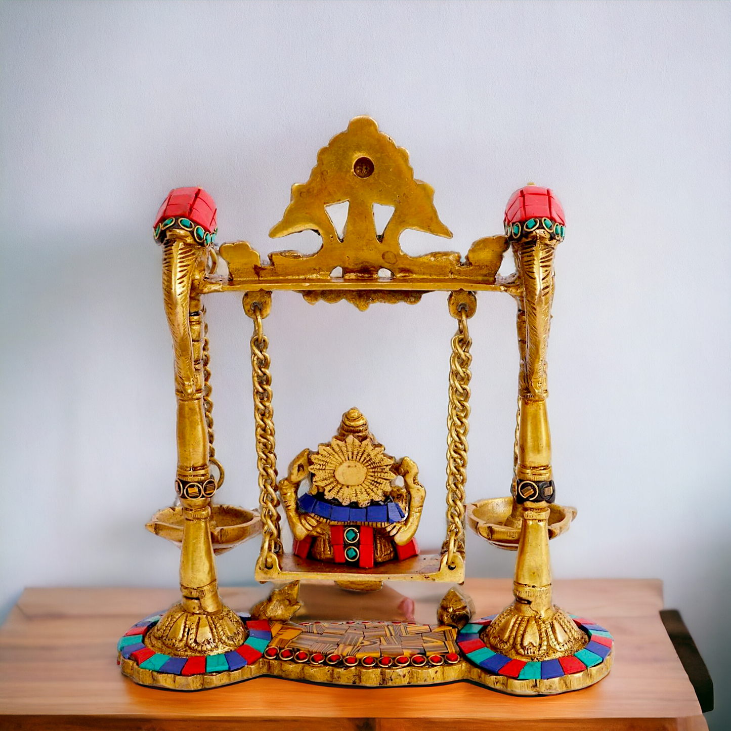 Lord Vinayaka Ganpati swinging Jhula Brass with Stone Work idol - 9 Inches Nikuressence