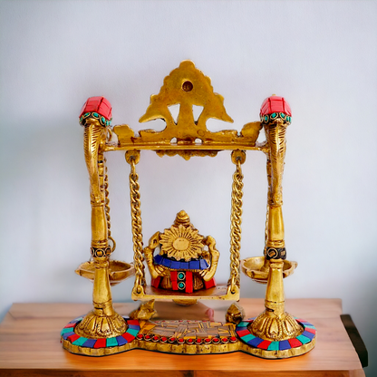 Lord Vinayaka Ganpati swinging Jhula Brass with Stone Work idol - 9 Inches Nikuressence