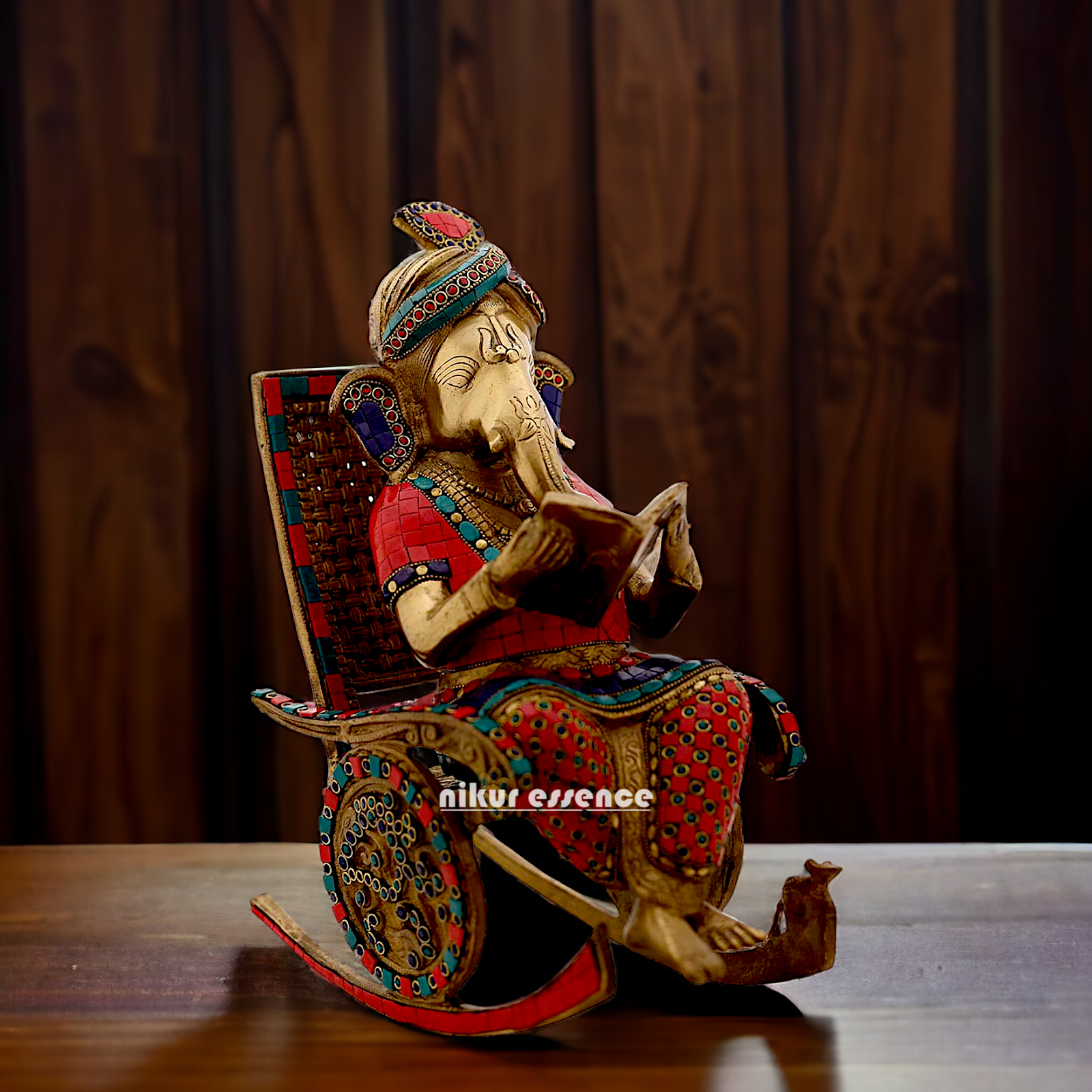 Buy Ganesha Seated on Chair Brass with Stone Work Idol - 15.5 Inches Nikuressence