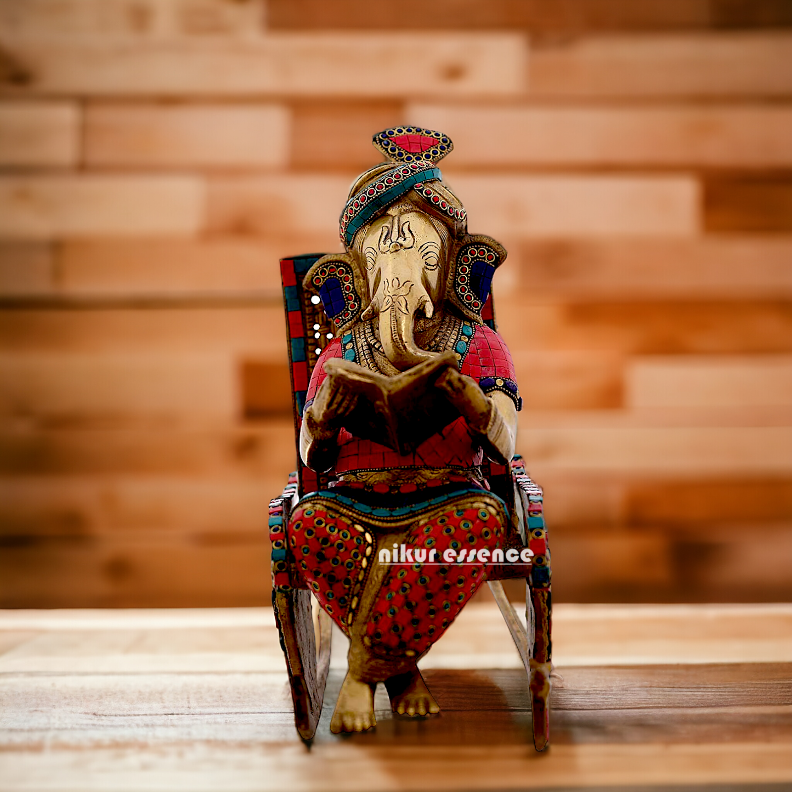 Buy Ganesha Seated on Chair Brass with Stone Work Idol - 15.5 Inches Nikuressence
