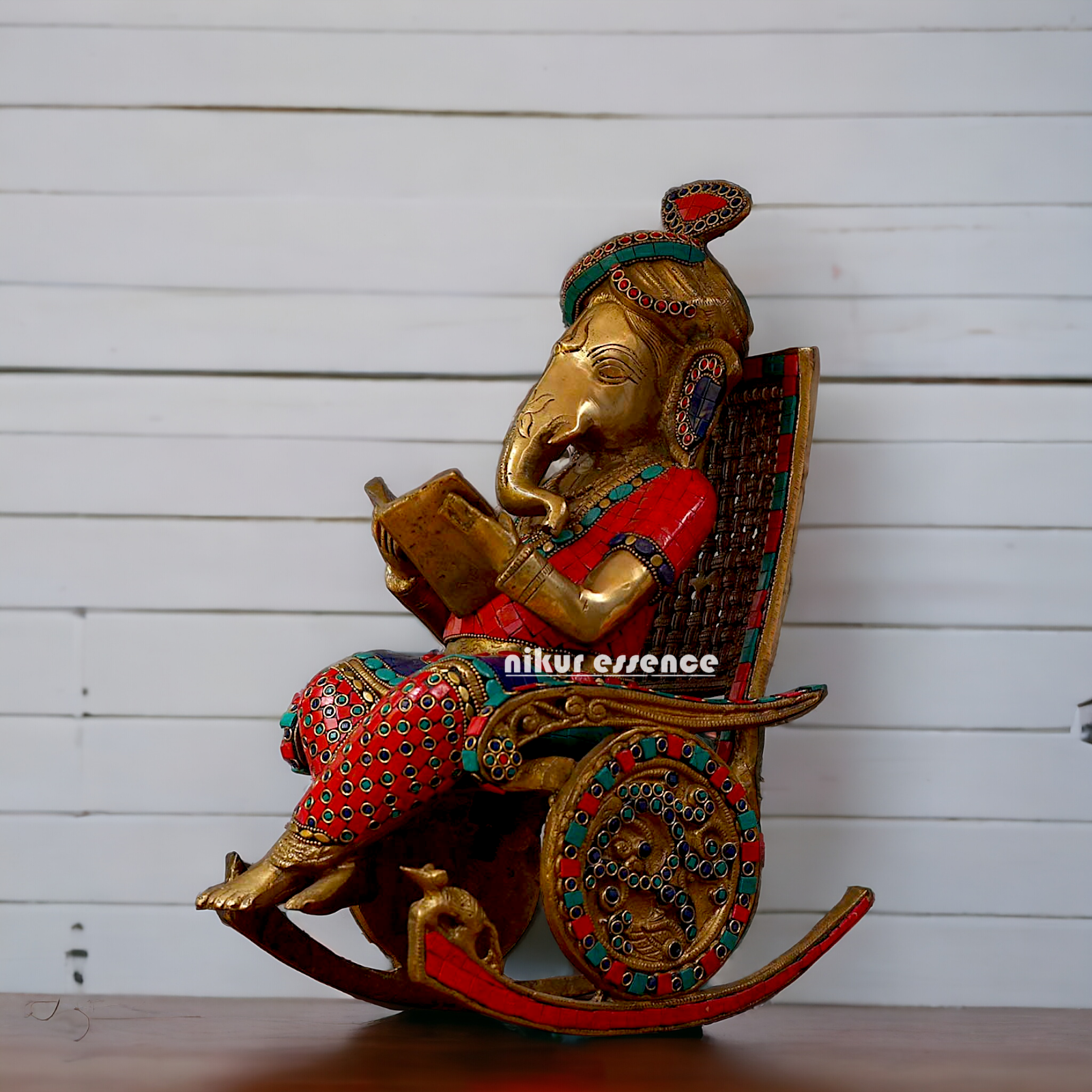 Buy Ganesha Seated on Chair Brass with Stone Work Idol - 15.5 Inches Nikuressence