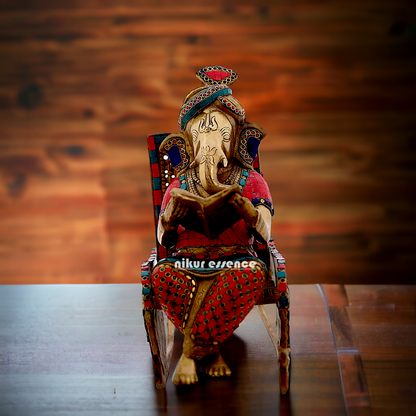 Buy Ganesha Seated on Chair Brass with Stone Work Idol - 15.5 Inches Nikuressence