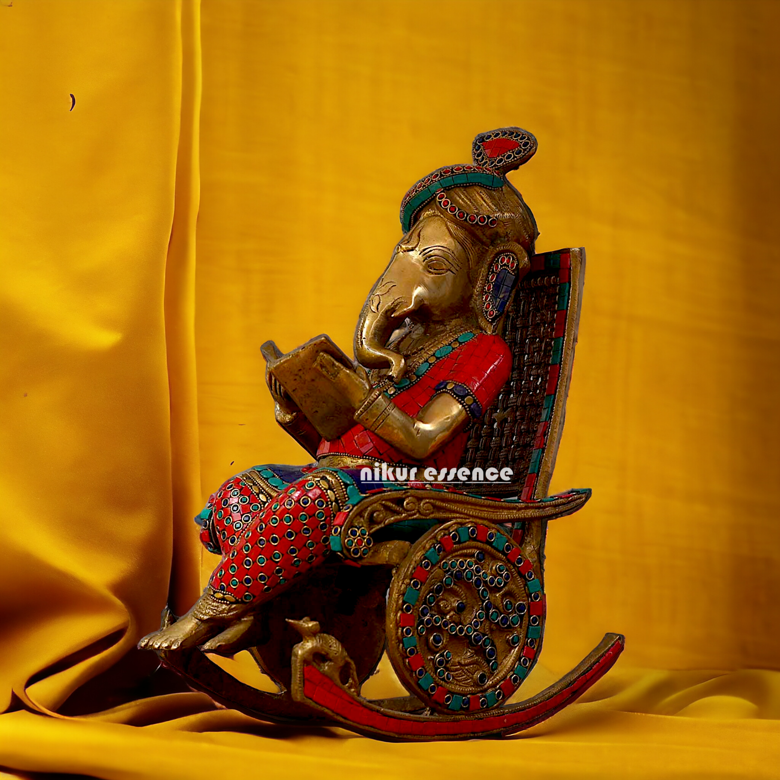 Buy Ganesha Seated on Chair Brass with Stone Work Idol - 15.5 Inches Nikuressence