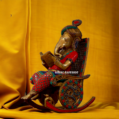 Buy Ganesha Seated on Chair Brass with Stone Work Idol - 15.5 Inches Nikuressence