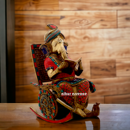 Buy Ganesha Seated on Chair Brass with Stone Work Idol - 15.5 Inches Nikuressence