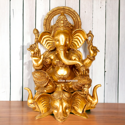 Pure Brass Ganesha Seated on Elephant idol - 20.5 Inches Nikuressence