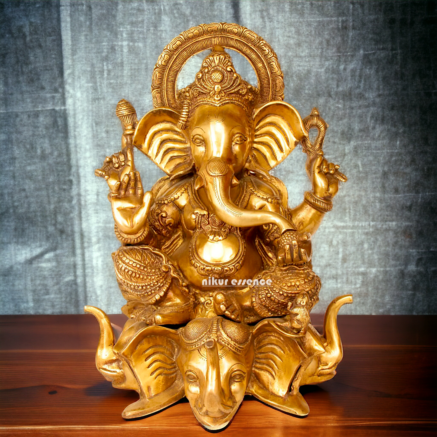 Pure Brass Ganesha Seated on Elephant idol - 20.5 Inches Nikuressence