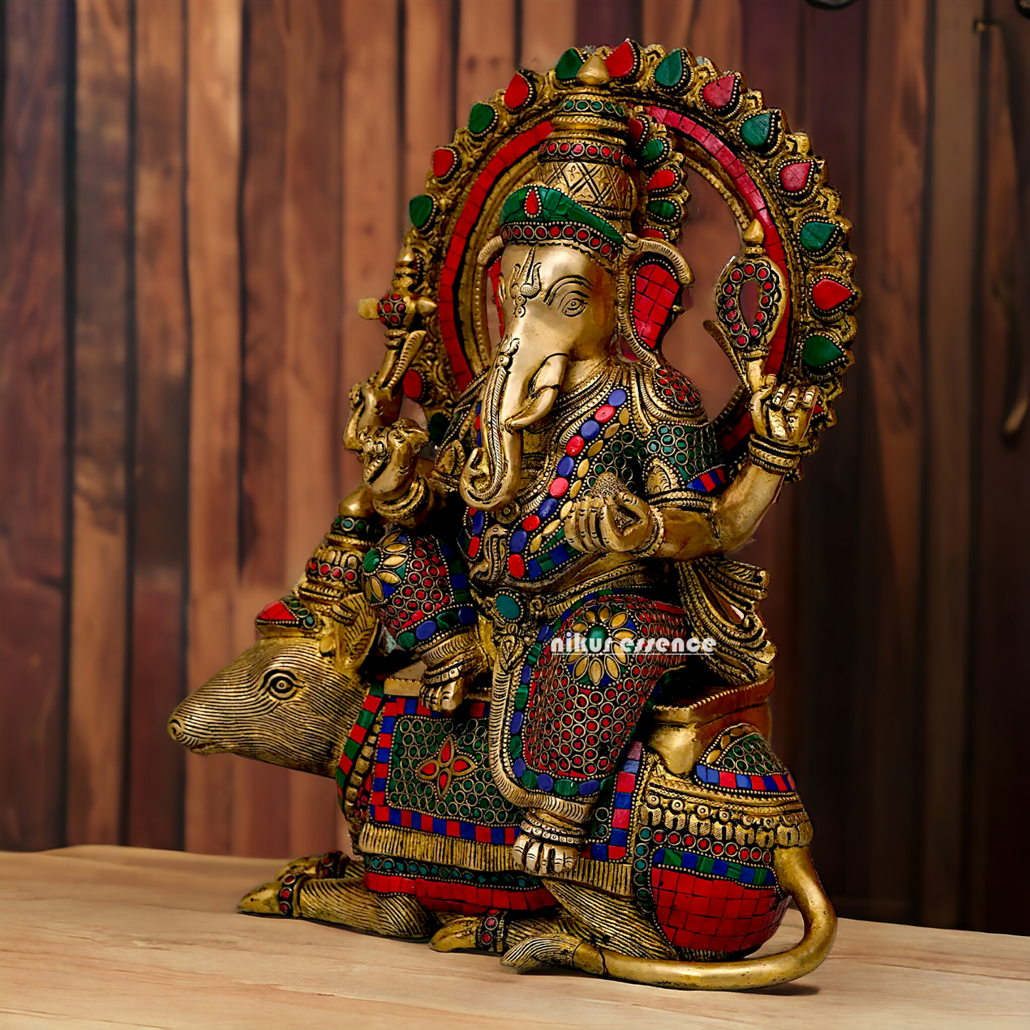 Lord Ganesh Seated musak on Rat Brass with Stone Work statue - 16.5 Inches Nikuressence