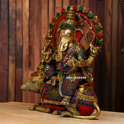 Lord Ganesh Seated musak on Rat Brass with Stone Work statue - 16.5 Inches Nikuressence
