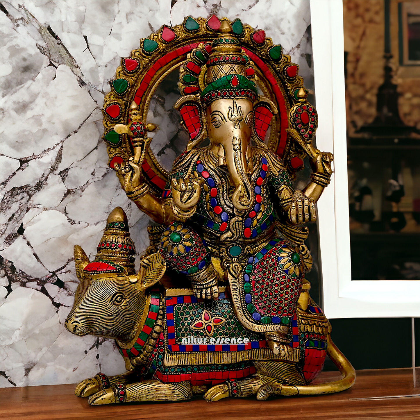 Lord Ganesh Seated musak on Rat Brass with Stone Work statue - 16.5 Inches Nikuressence