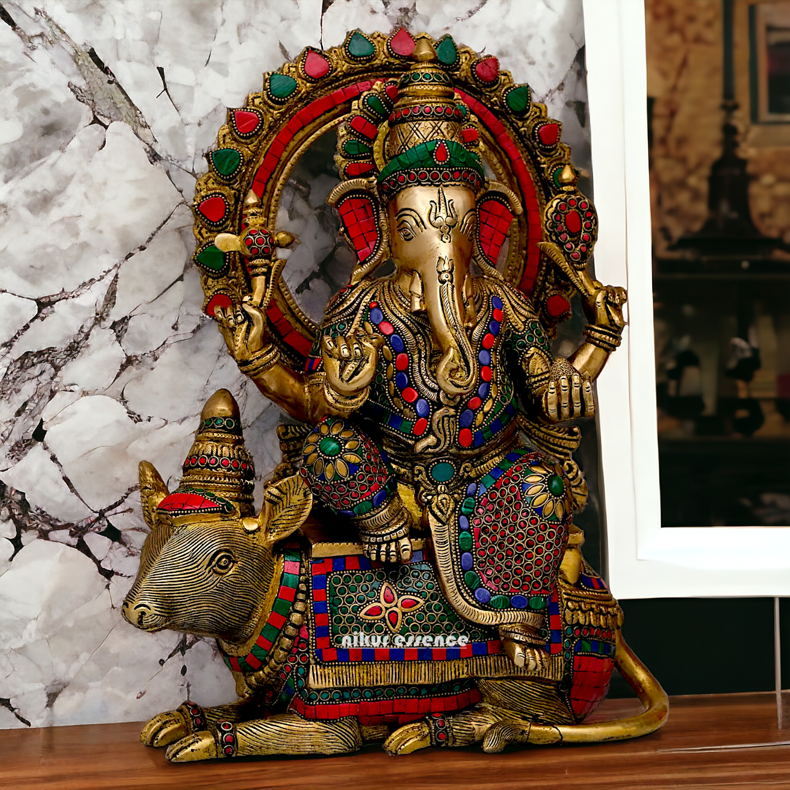 Lord Ganesh Seated musak on Rat Brass with Stone Work statue - 16.5 Inches Nikuressence