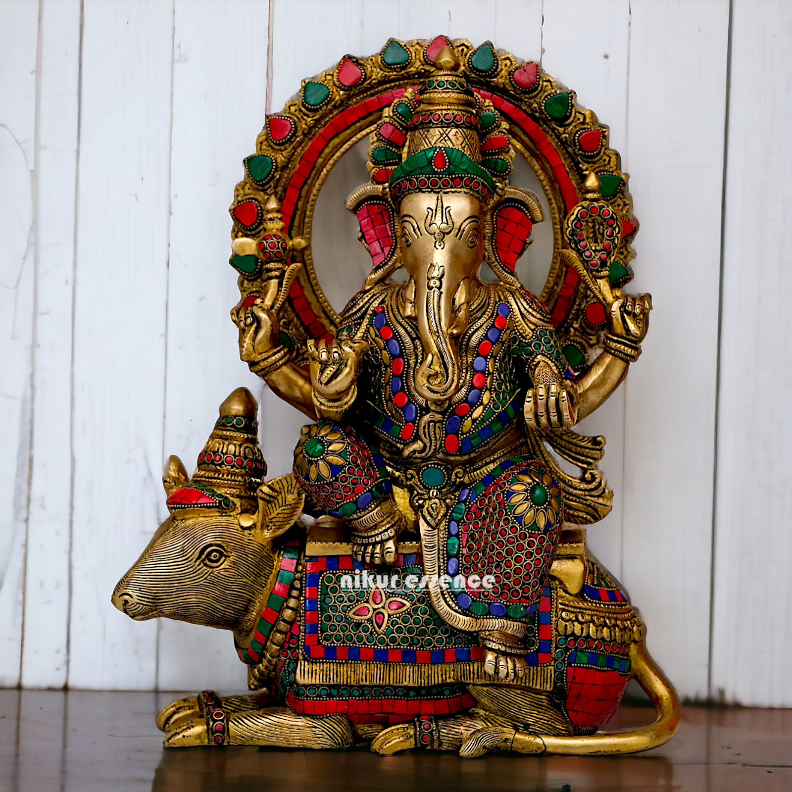 Lord Ganesh Seated musak on Rat Brass with Stone Work statue - 16.5 Inches Nikuressence