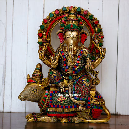 Lord Ganesh Seated musak on Rat Brass with Stone Work statue - 16.5 Inches Nikuressence