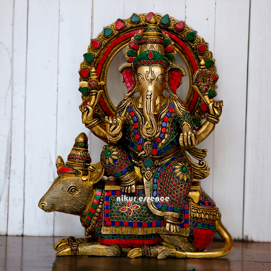 Lord Ganesh Seated musak on Rat Brass with Stone Work statue - 16.5 Inches Nikuressence
