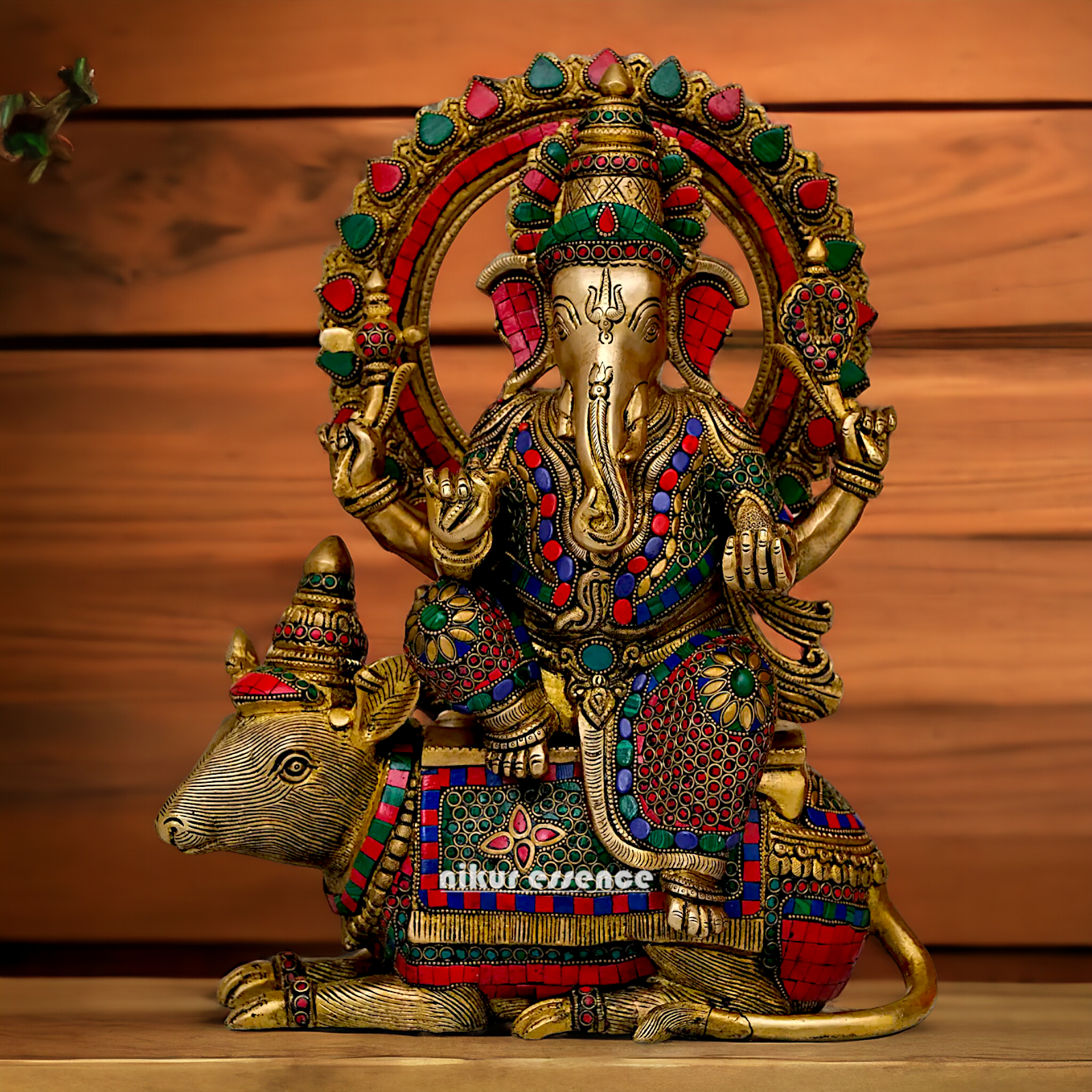 Lord Ganesh Seated musak on Rat Brass with Stone Work statue - 16.5 Inches Nikuressence