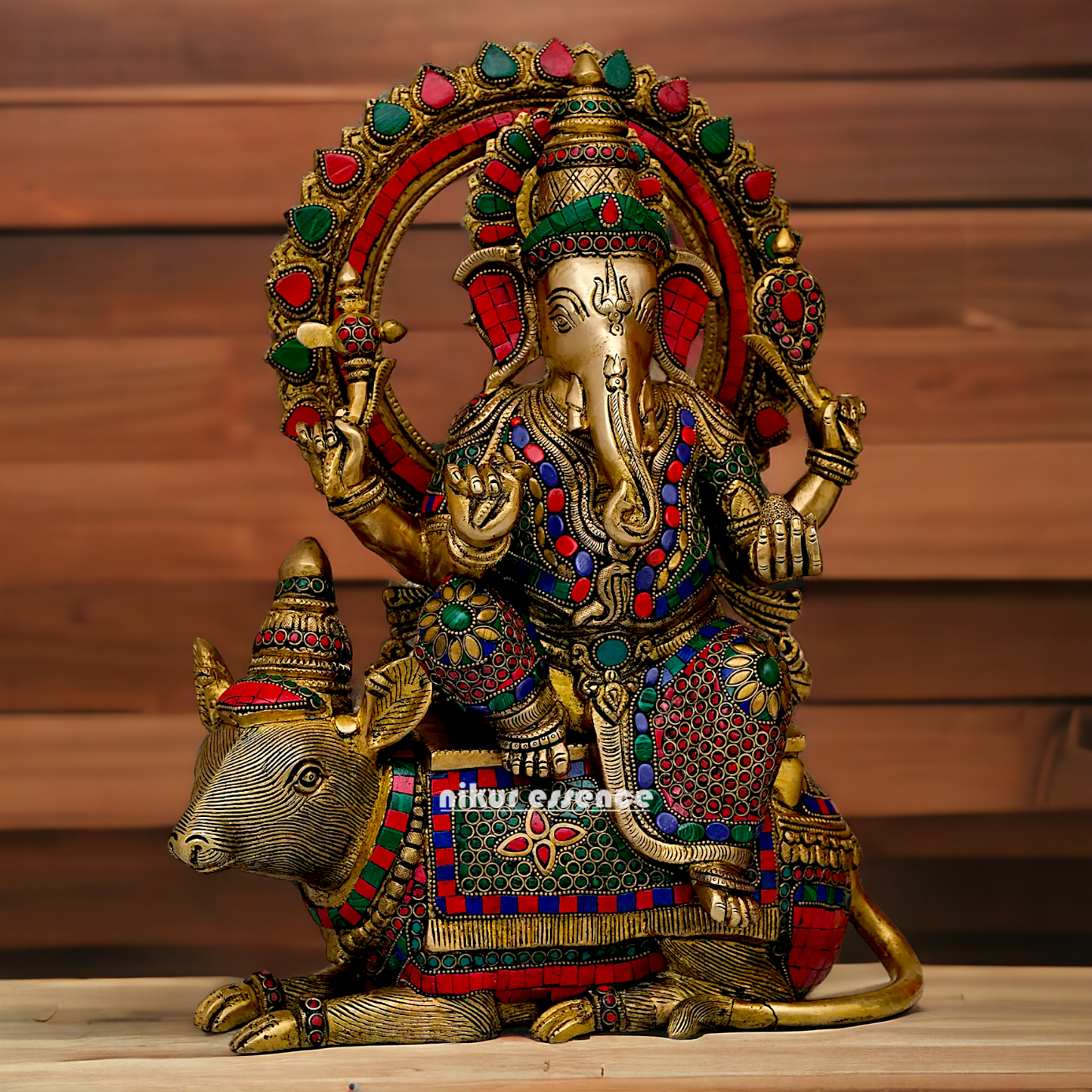 Lord Ganesh Seated musak on Rat Brass with Stone Work statue - 16.5 Inches Nikuressence