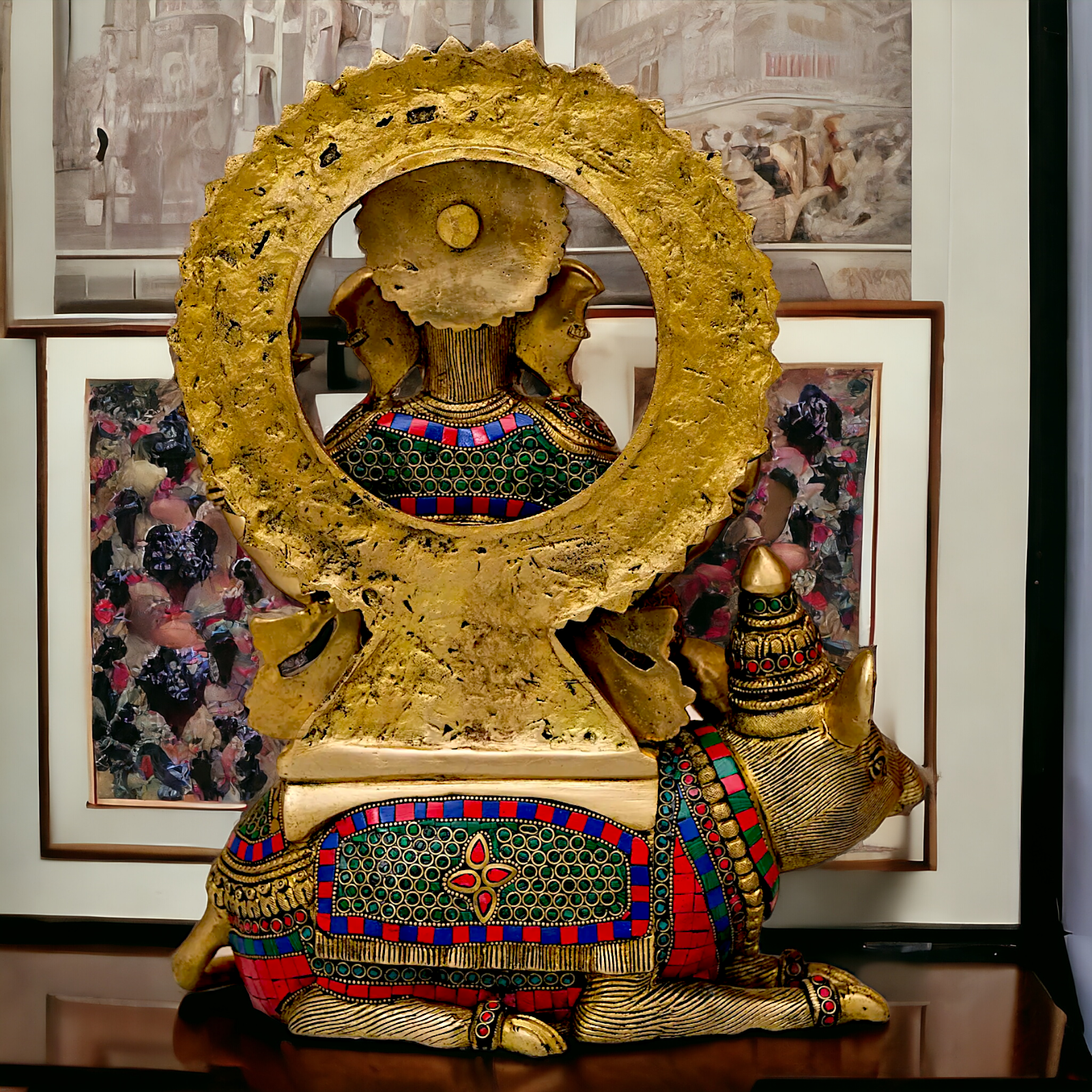 Lord Ganesh Seated musak on Rat Brass with Stone Work statue - 16.5 Inches Nikuressence