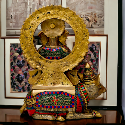 Lord Ganesh Seated musak on Rat Brass with Stone Work statue - 16.5 Inches Nikuressence