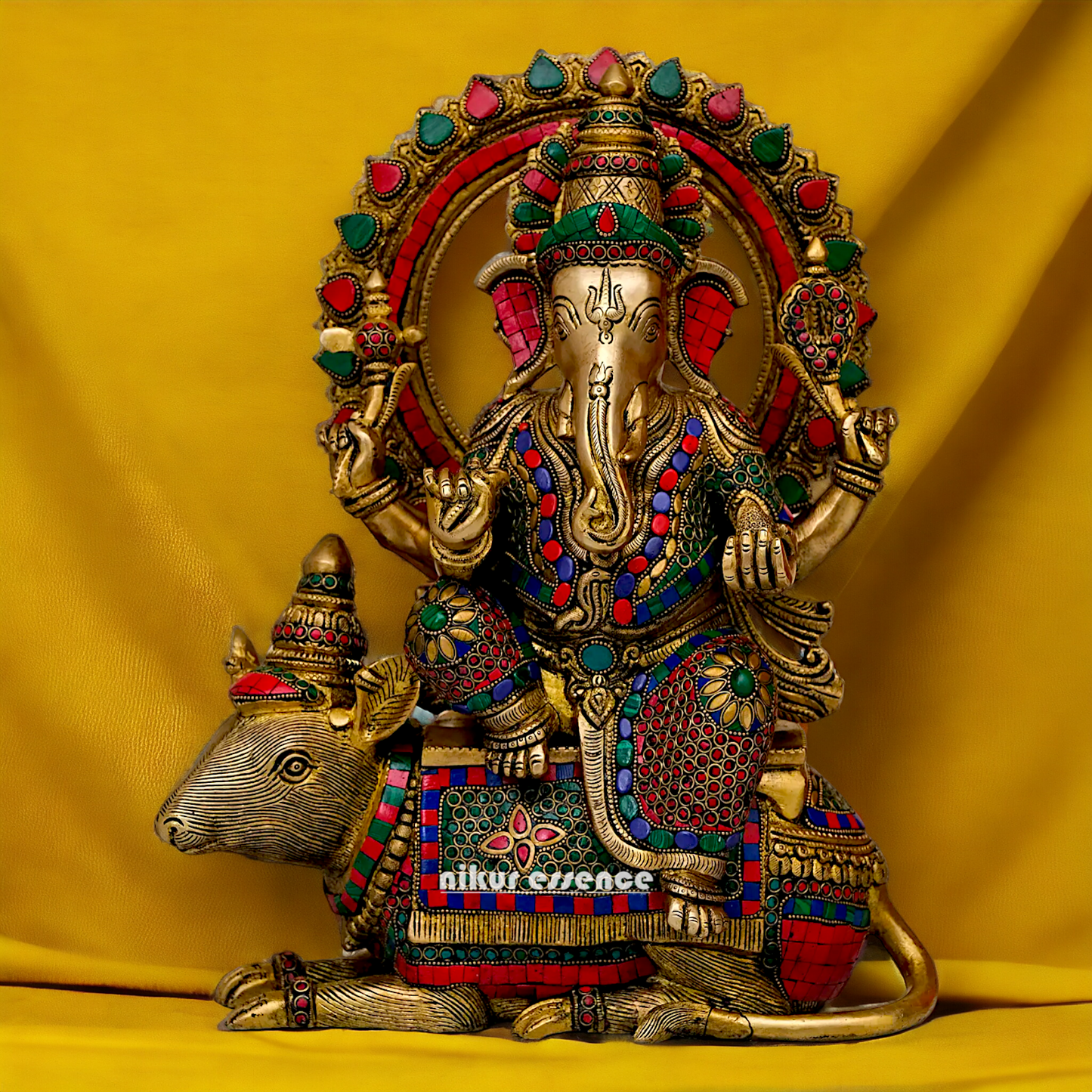 Lord Ganesh Seated musak on Rat Brass with Stone Work statue - 16.5 Inches Nikuressence
