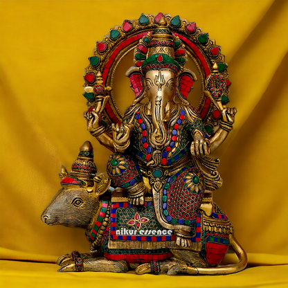 Lord Ganesh Seated musak on Rat Brass with Stone Work statue - 16.5 Inches Nikuressence