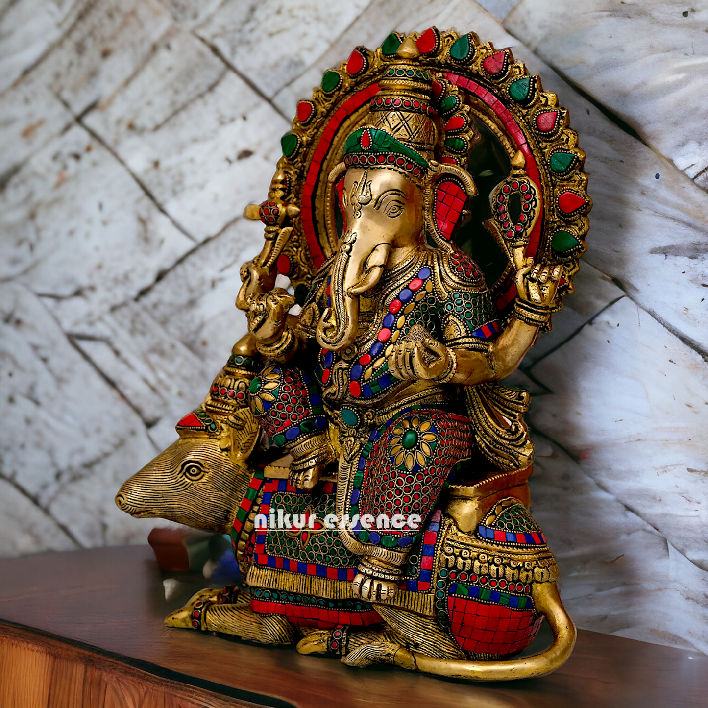 Lord Ganesh Seated musak on Rat Brass with Stone Work statue - 16.5 Inches Nikuressence