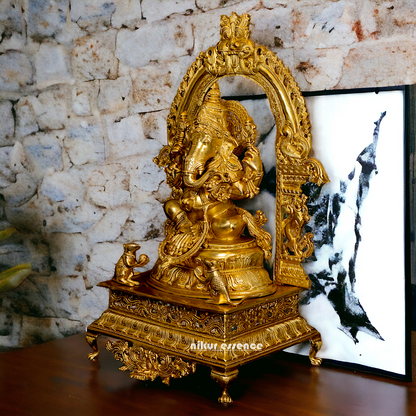 Pure Brass Ganesha Seated on singhasan statue - 27 Inches Nikuressence