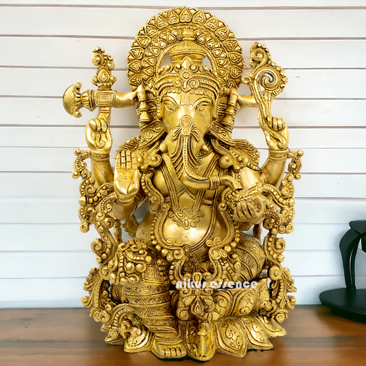 solid Brass Ganesha Seated on Lotus statue - 16 Inches Nikuressence