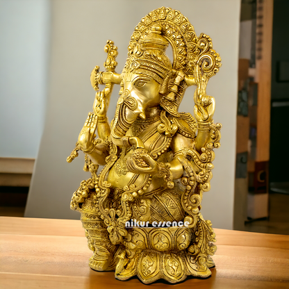 solid Brass Ganesha Seated on Lotus statue - 16 Inches Nikuressence